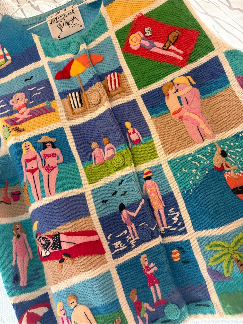 Michael Simon Colorful Beach Scene Knit Vest with Patchwork Panels - Picture 3 of 4